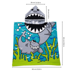 Cute Shark Poncho Bath Towel for Kids, 1-7 years, 60 x 60cm | 100% Cotton, Skin-Friendly Microfiber Hooded Toddler Pool Towel | Quick-Drying, Water Absorbing, Full-Size Bathrobe